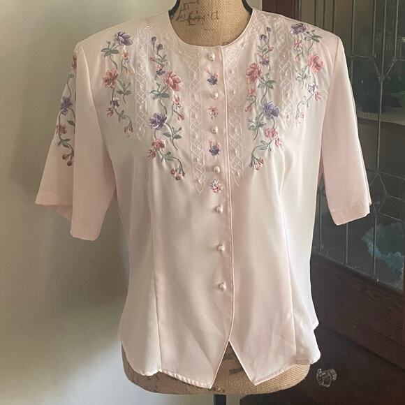 Vintage Laura Scott Pink Floral Blouse 90s Embroidered Pearl Button Top Sz 12 - Picture 1 of 17